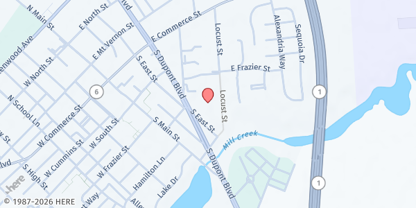 Map showing Smyrna State Service Center at 200 S Dupont Blvd, Smyrna, DE