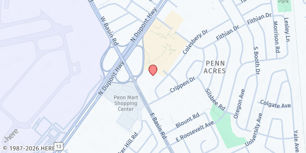 Map showing Asbury UMC at 300 E. Basin Rd., Wilmington Manor, DE