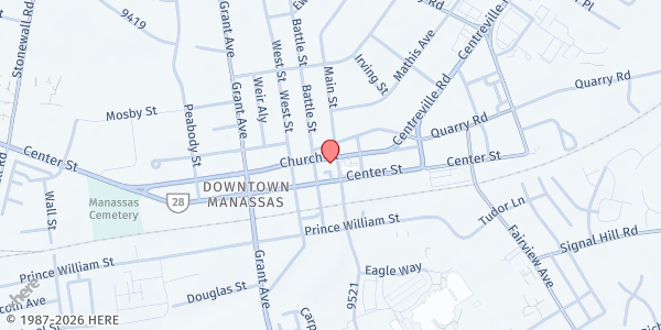 Map showing Bull Run Unitarian Universalists at 9350 Main Street, Manassas, DC