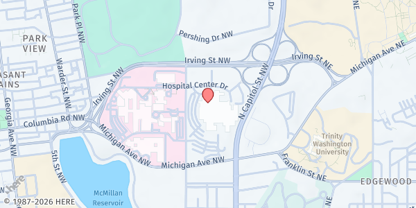 Map showing Washington DC VA Medical Center - Clinical Research Building Gate 1 at 50 Irving Street Northwest, Northwest Washington, DC
