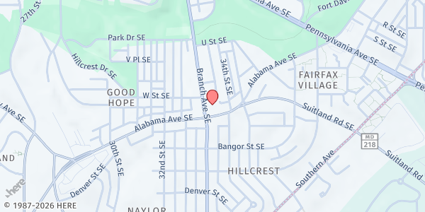 Map showing East Washington Heights Baptist at 2220 Branch Avenue Southeast, Southeast Washington, DC