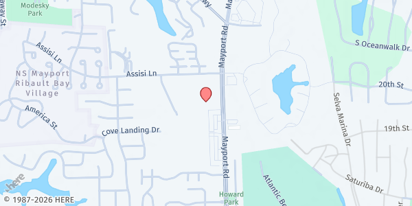 Map showing St. Johns Catholic Church EAM Emergency Assistance Ministry at 2400 Mayport Road, Atlantic Beach, FL