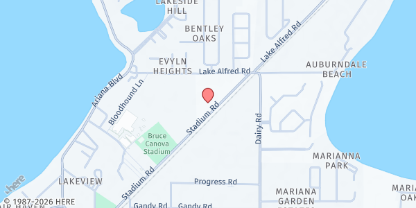 Map showing Auburndale Community Church at 601 Stadium Road, Auburndale, FL