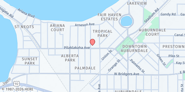 Map showing First Presbyterian Church of Auburndale Food Pantry at 410 Pilaklakaha Blvd, Auburndale, FL