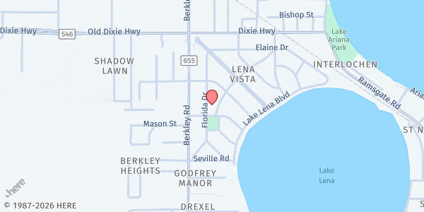 Map showing Lena Vista Baptist at 213 Florida Drive, Auburndale, FL