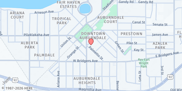 Map showing St. Alban's Food Pantry at 202 Pontotoc St, Auburndale, FL