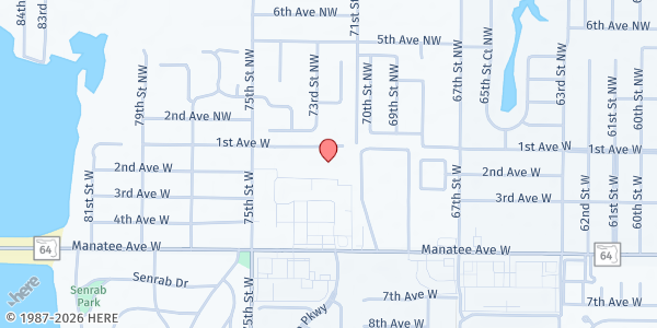 Map showing Helping Hand Outreach Bradenton at 7215 1st Ave W, Bradenton, FL
