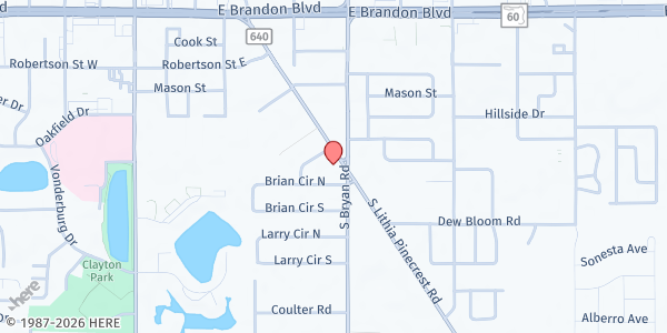 Map showing The Three B's Ministry Inc. at 306 Lithia Pinecrest Road, Brandon, FL