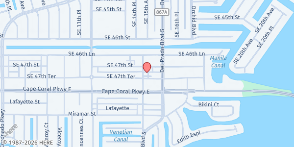 Map showing Adventist Community Center of Cape Coral at 1509 SE 47TH TERRACE, CAPE CORAL, FL