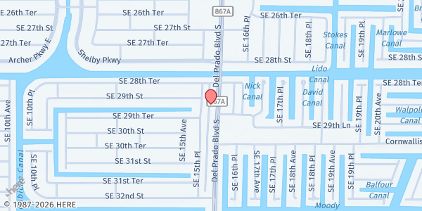 Map showing Bridge For Hope of Southwest Florida - Main Location at 2924 Del Prado Blvd S., Cape Coral, FL