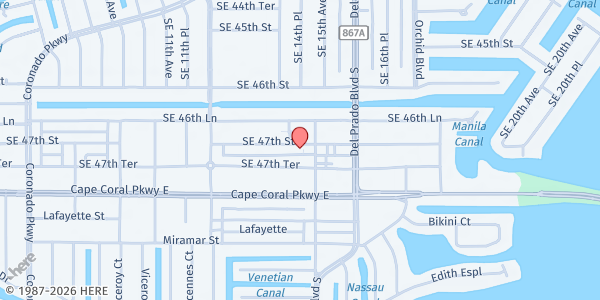 Map showing CAPE CORAL CARING CENTER at 1420 SE 47th St., Cape Coral, FL
