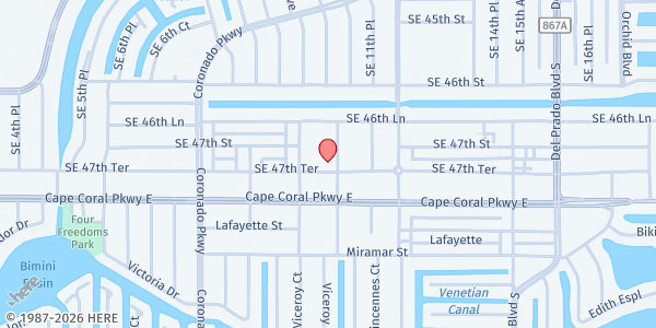Map showing Vineyard Community Church-Cape at 923 SE 47TH TERRACE, CAPE CORAL, FL