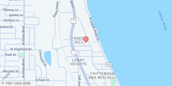 Map showing First United Methodist Church of Cocoa at 825 Forrest Ave., Cocoa, FL