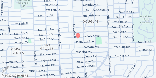 Map showing Central Christian Church at 222 Menores Ave, Coral Gables, FL