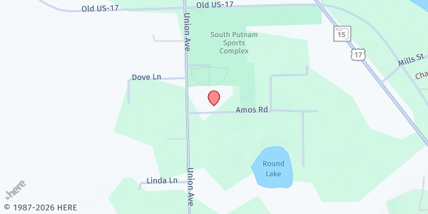 Map showing South Putnam Church at 114 Amos Road, Crescent City, FL
