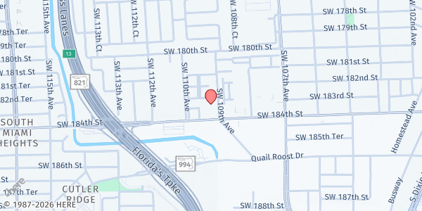 Map showing True Deliverance Church at 18300 SW 109th Ave, Cutler Bay, FL