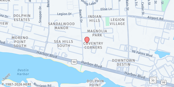 Map showing Destin Church of Christ at 150 Beach Dr., Destin, FL
