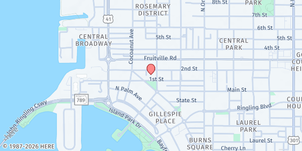 Map showing Selby Public Library at 1331 1st Street, Downtown, FL