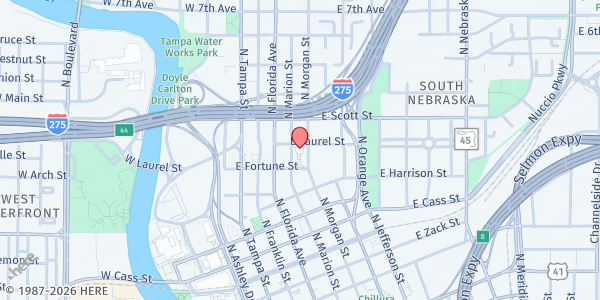 Map showing Tampa Food Not Bombs - N Morgan Street at 1211 North Marion Street, Downtown, FL