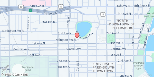 Map showing Unitarian Universalist Church at 100 Mirror Lake Drive North, Downtown, FL