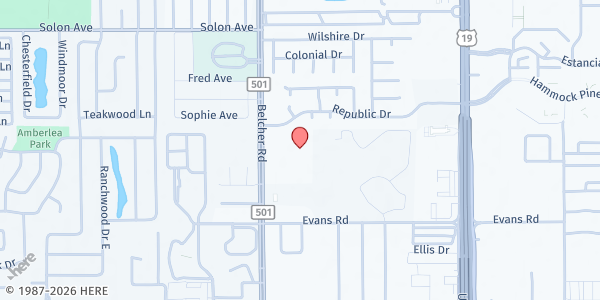 Map showing Clearwater Community Church - Harriet's Food Pantry at 2897 Belcher Rd., Dunedin, FL