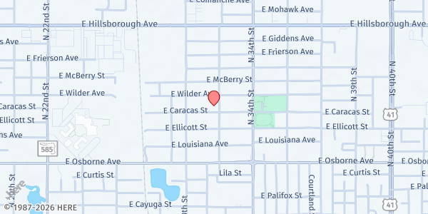 Map showing MT. Calvary SDA Church - Sunday/Monday Location at 3106 East Caracas Street, East Tampa, FL