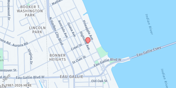 Map showing Highland Avenue Fellowship Church at 1591 Highland Ave., Eau Gallie, FL