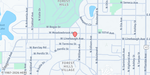 Map showing Northgate Baptist Church Food Pantry at 1301 West Linebaugh Avenue, Forest Hills, FL