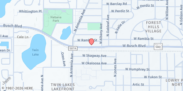 Map showing St. George Coptic Orthodox Church at 2135 West Busch Boulevard, Forest Hills, FL