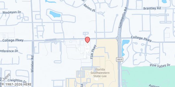 Map showing FLORIDA SOUTHWESTERN STATE COLLEGE (FSW) at 8099 College Pkwy Building Q103, Fort Myers, FL