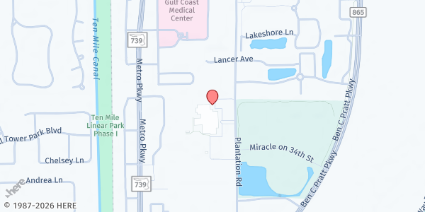 Map showing South Fort Myers High at 14020 Plantation Rd, Fort Myers, FL