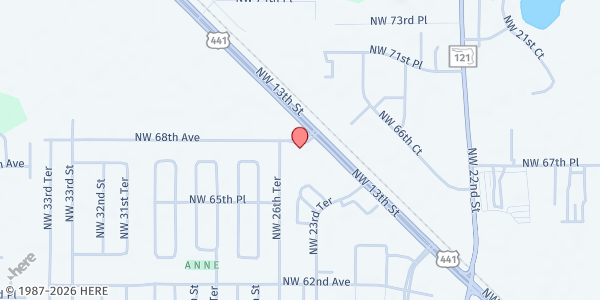 Map showing A R Camps Ministries at 2611 NW 68th Ave, Gainesville, FL