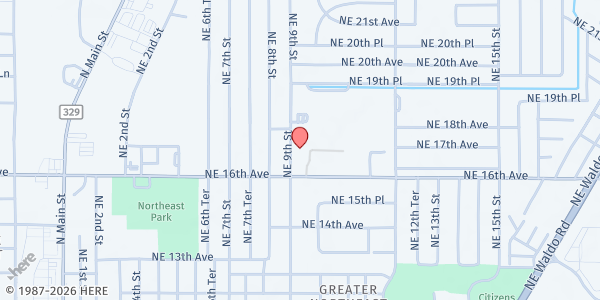 Map showing Catholic Charities Bureau Food Pantry at 1701 NE 9th St., Gainesville, FL