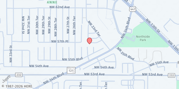 Map showing Pineridge Community Center at 2509 NW 57th Pl, Gainesville, FL