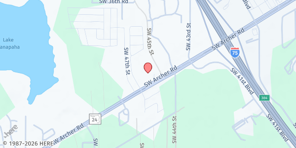 Map showing the Oaks Baptist Church at 4610 SW Archer Rd, Gainesville, FL