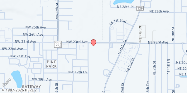 Map showing Word of Deliverance Ministries at 125 NW 23rd Ave, Gainesville, FL