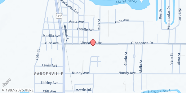 Map showing World Harvest Worship Center at 7017 Gibsonton Dr., Gibsonton, FL