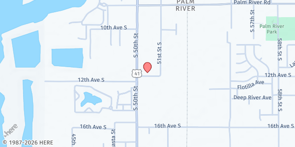Map showing New Life Assembly at 5010 South 12th Avenue, Greater Palm River Point CDC, FL
