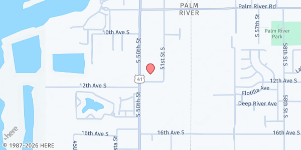 Map showing New Life Assembly at 5010 South 12th Avenue, Greater Palm River Point CDC, FL