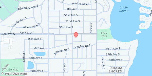 Map showing Bay Vista Church of Christ at 5460 7th Street South, Greater Pinellas Point, FL