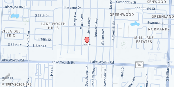Map showing First Baptist Church of Greenacres at 201 Swain Blvd., Greenacres, FL