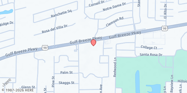 Map showing Coast Community Church at 3141 Gulf Breeze Parkway, Gulf Breeze, FL