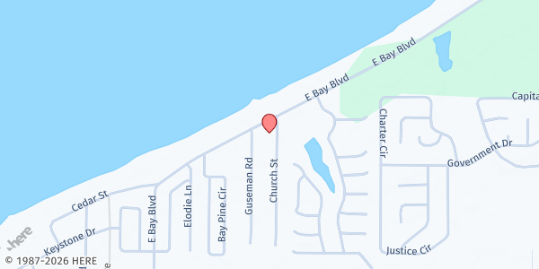 Map showing East Bay Church at 5649 E. Bay Blvd., Gulf Breeze, FL