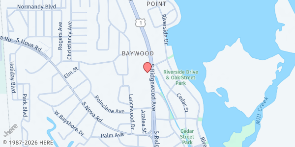 Map showing First Baptist Church of Harbor Oaks at 5730 South Ridgewood Ave, Harbor Oaks, FL