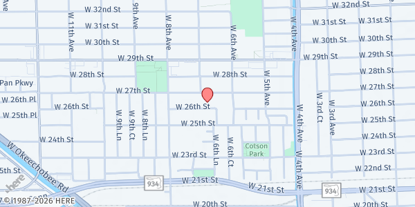 Map showing Ministerio Paz Para El Corazon Ayudando A La Comunidad at 683 W. 26th St., Hialeah, FL