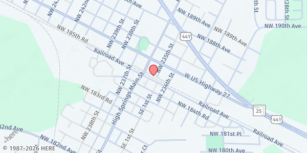 Map showing High Springs Chamber of Commerce Food Distribution at 23517 NW 185th Rd., High Springs, FL