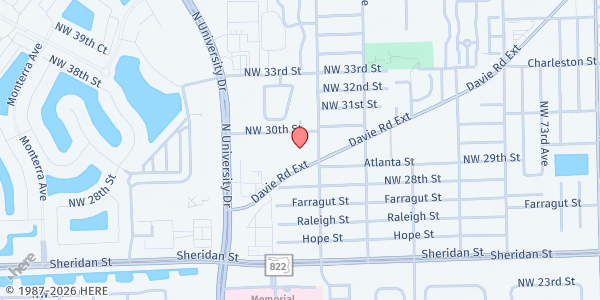 Map showing River of God Int'l Ministries at 7832 Davie Rd. Extension, Hollywood, FL