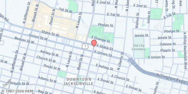 Map showing DOWNTOWN ECUMENICAL SERVICES COUNCIL at 215 North Ocean Street, Jacksonville, FL