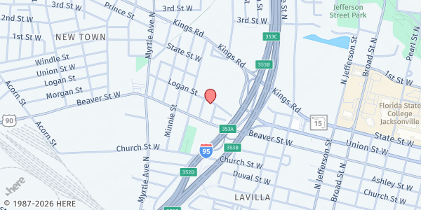 Map showing Evergreen Missionary Baptist Church at 1100 Logan St., Jacksonville, FL