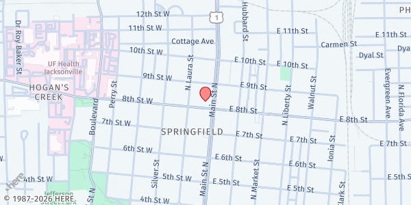 Map showing Rebuilding Unity Through Healing Hearts at 23 West 8th Street, Jacksonville, FL